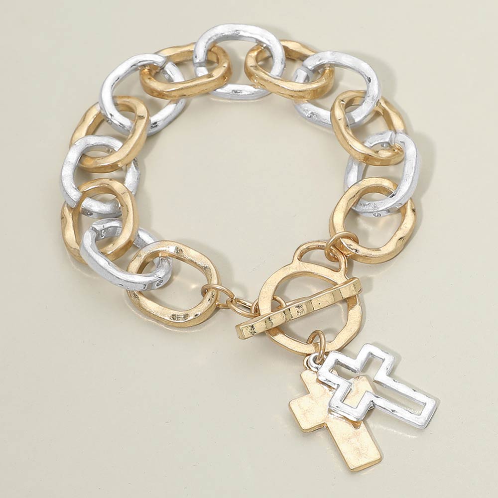Layered Cross Charm Toggle Bracelet