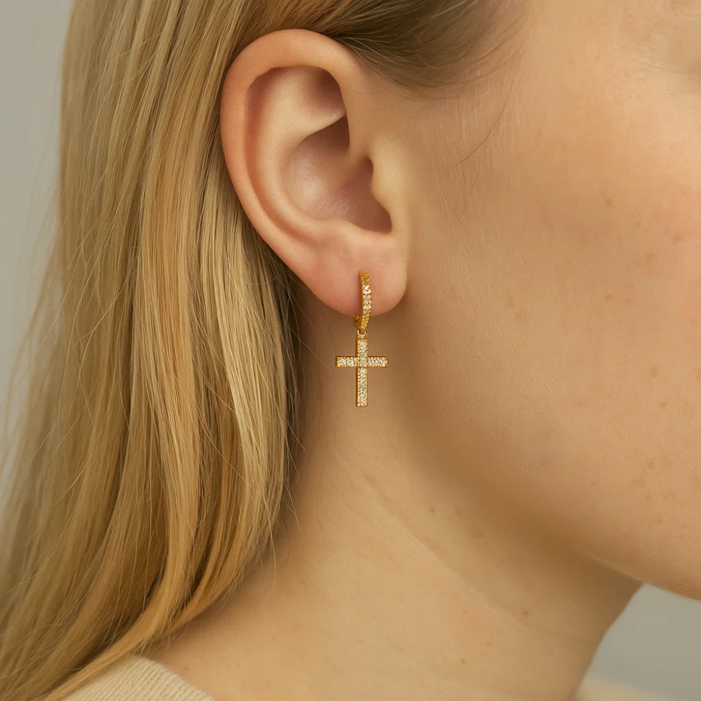Pavé CZ Cross Drop Earrings