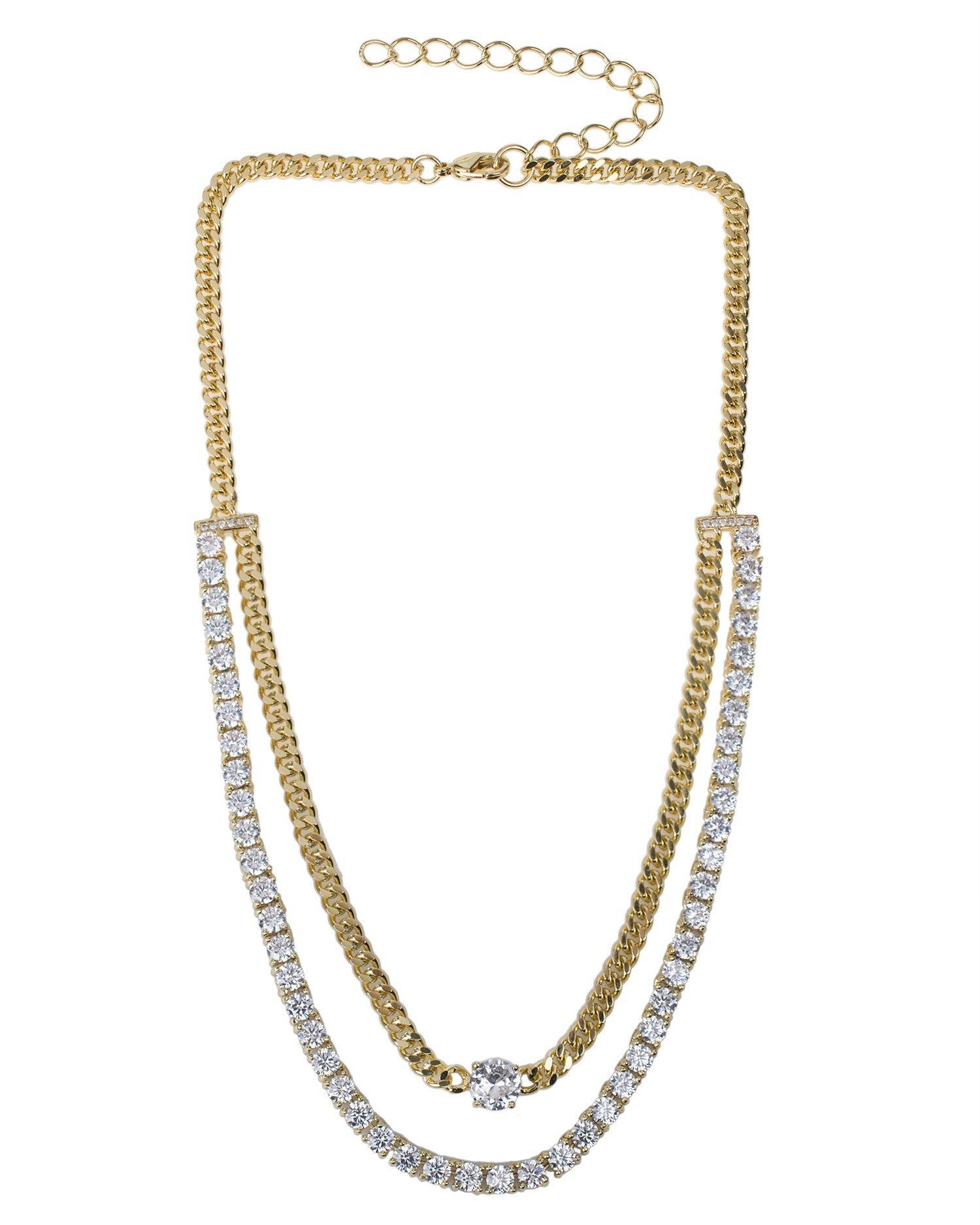 CZ & Curb Chain Double-Strand Necklace