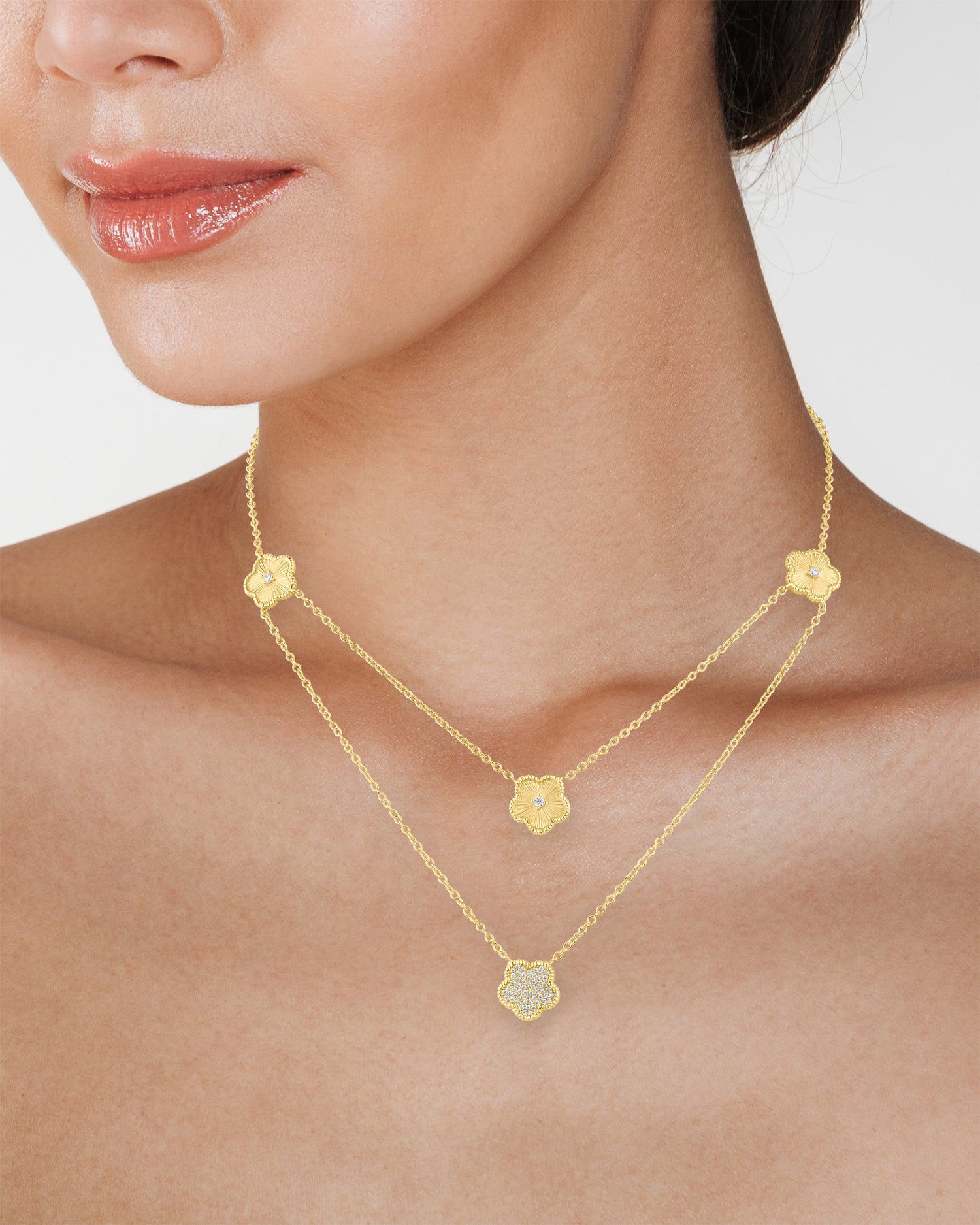 Pavé CZ Double-Strand Clover Necklace